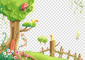 Green tree illustration, Cartoon Comics Watercolor painting Illustration, Tree cartoon little duck transparent background PNG clipart