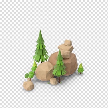 Green trees and rocks illustration, Low poly Polygon , Polygon tree rock transparent background PNG clipart