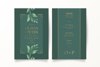 Green wedding invitation and menu template Free Vector