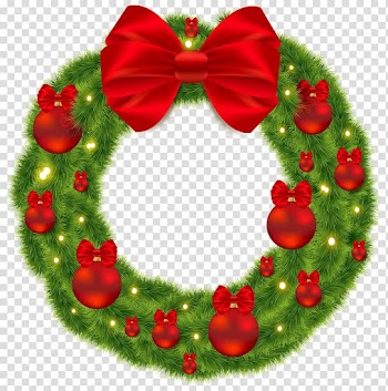 Green wreath illustration, Santa Claus Christmas Icon Computer file, Pine Wreath with Red Bow and Christmas Balls transparent background PNG clipart