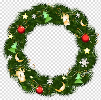 Green, yellow, red Christmas-themed wreath illustraton, Christmas decoration Christmas ornament , Christmas Wreath with Ornaments transparent background PNG clipart