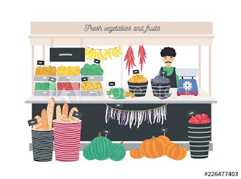 Greengrocer seller standing at counter, stall or kiosk with scales, fruits, vegetables and bread