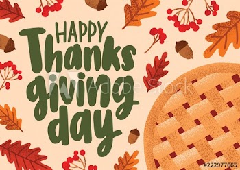 Greeting card or horizontal banner template with Happy Thanksgiving message handwritten with elegant calligraphic script, fallen leaves, berries, acorns, traditional holiday pie
