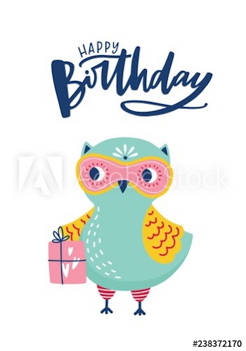 Greeting card or postcard template with adorable owl or owlet and Happy Birthday lettering handwritten with cursive calligraphic font