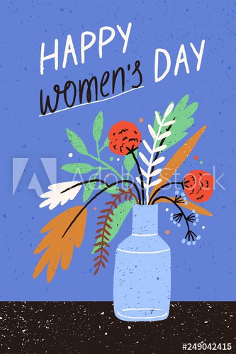 Greeting card or postcard template with bouquet of blooming seasonal flowers in vase and Happy Women's Day wish