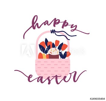 Greeting card or postcard template with Happy Easter wish handwritten with elegant cursive font and basket with kulich, eggs, blooming spring flowers