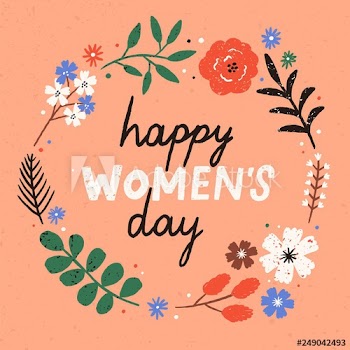 Greeting card or postcard template with Happy Women's Day wish handwritten inside round floral frame or wreath made of blooming spring flowers