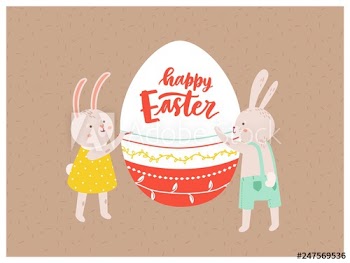 Greeting card or postcard template with pair of funny cute bunnies or rabbits decorating giant egg and Happy Easter wish on it