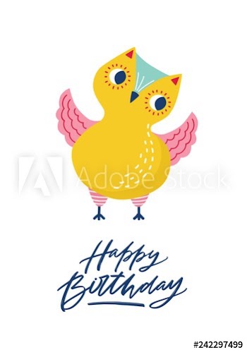 Greeting card template with cute funny owl or owlet and Happy Birthday inscription written with cursive calligraphic font