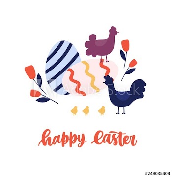 Greeting card template with Happy Easter holiday wish handwritten with cursive font, family of adorable hens and chicks, large decorated eggs and spring flowers