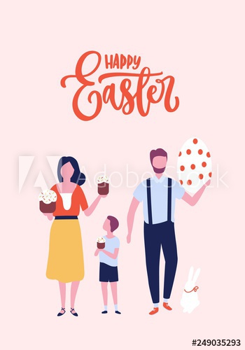 Greeting card template with Happy Easter inscription handwritten with calligraphic script and cute lovely family carrying kulich and eggs