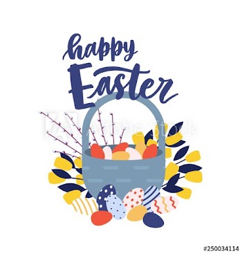 Greeting card template with Happy Easter wish handwritten with cursive calligraphic font and basket with decorated eggs, spring flowers and pussy willow branches
