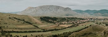 Grey Mountain in Front of Green Fields