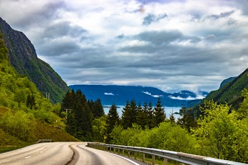 Grey Pathway Surrounded by Green Trees on Both Sided Leading to Blue Moutains Under Grey Cloudy Sky