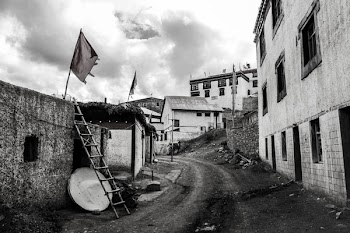 Greyscale Photo Dirt Road Between Buildings