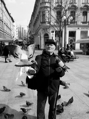 Greyscale Photography of Man Beside Flying Bird