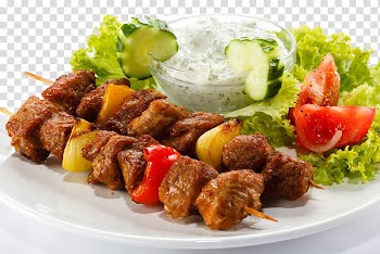 Grilled barbecue beside green vegetable leaves serve on white plate, Barbecue grill Indian cuisine Food Grilling Restaurant, Delicious barbecue transparent background PNG clipart