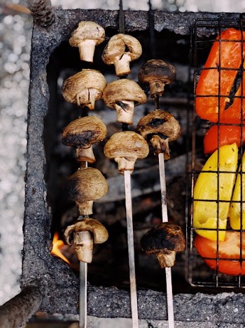 Grilled Mushrooms on Charcoal Grill