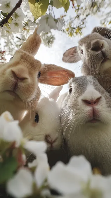 Group of Adorable Rabbits Surrounded by Cherry Blossoms Group of Adorable Rabbits Surrounded by Cherry Blossoms