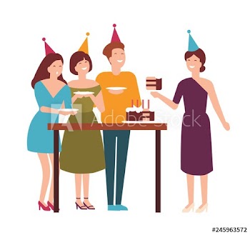 Group of cute joyful people cutting, tasting festive cake and celebrating birthday
