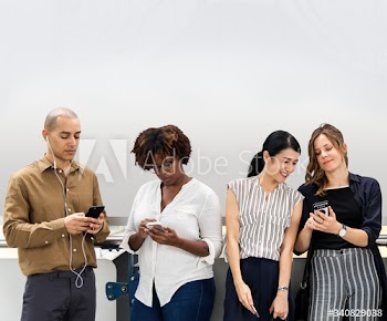 Group of diverse people using smartphones