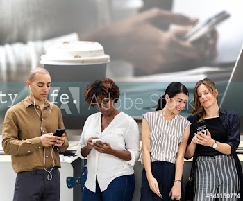 Group of diverse people using smartphones