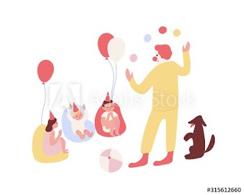 Group of excited children celebrating baby birthday with clown vector flat illustration