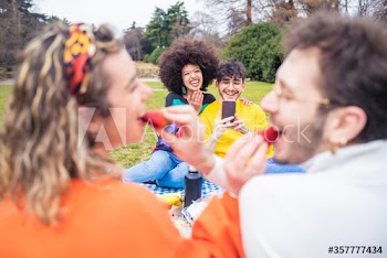 Group of friends having fun during picnic