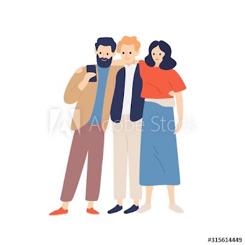 Group of friends hugging taking selfie using smartphone vector flat illustration