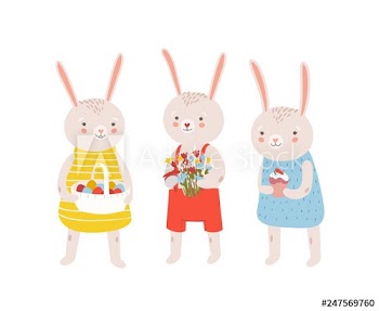 Group of funny adorable bunnies or rabbits holding traditional Easter gifts - basket with decorated eggs, flower bouquet, Kulich