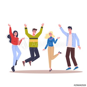 Group of happy people jump together