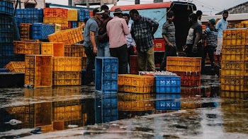 group of man chatting near at pile of plastic crates