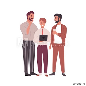 Group of men dressed in business clothes or office workers talking, working on laptop and drinking coffee