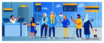 Group of passengers standing in queue to counter Free Vector