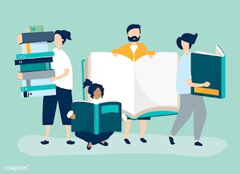 Group of people reading and borrowing books | Free stock vector - 481026