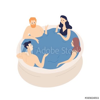 Group of smiling friends relaxing in jacuzzi vector flat illustration