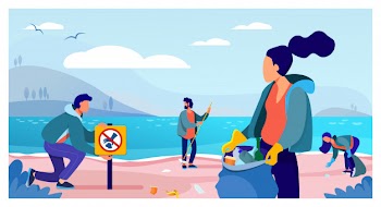 Group of young volunteers collecting trash on ocean beach Free Vector