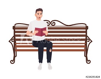 Guy dressed in casual clothes sitting on street bench and reading book