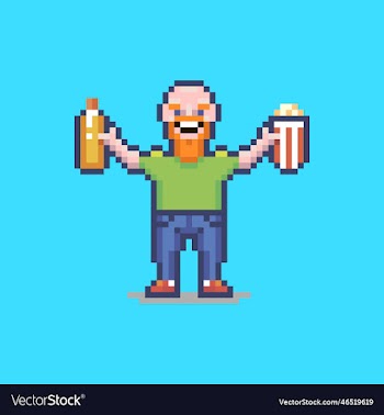 guy with a french hot dog and a pack of popcorn