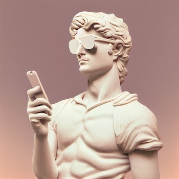 Gypsum statue of David hold a smartphone wearing modern sunglasses