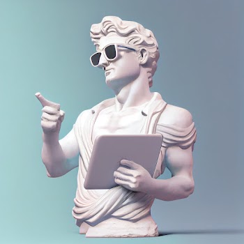 Gypsum statue of David hold a tablet wearing modern sunglasses