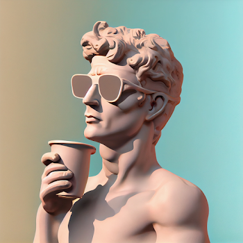 Gypsum statue of David's body with white sunglasses and holding a cup of coffee, cool and stylish