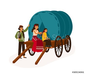 Gypsy family sitting on wagon flat vector illustration