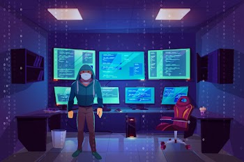 Hacker anonymous in mask in server room with multiple computer monitors displaying secret information Free Vector