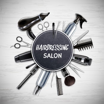 Hairdressing salon barber shop tools realistic round composition with scissors hairdryer trimmer monochrome vector illustration Free Vector