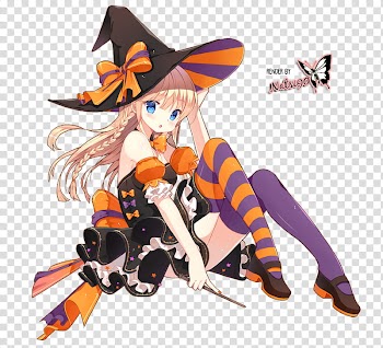 Halloween anime render, female anime character holding wand transparent background PNG clipart
