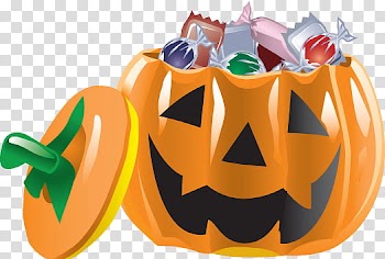 Halloween, candies inside Jack-O'-Lantern bucket transparent background PNG clipart