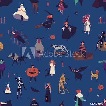 Halloween characters flat vector seamless pattern