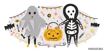 Halloween composition with funny spooky ghost and skeleton holding Jack-o'-lantern full of candies