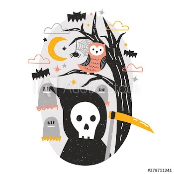 Halloween composition with Grim Reaper holding scythe and owl sitting on tree branch against graves on cemetery and starry night sky on background